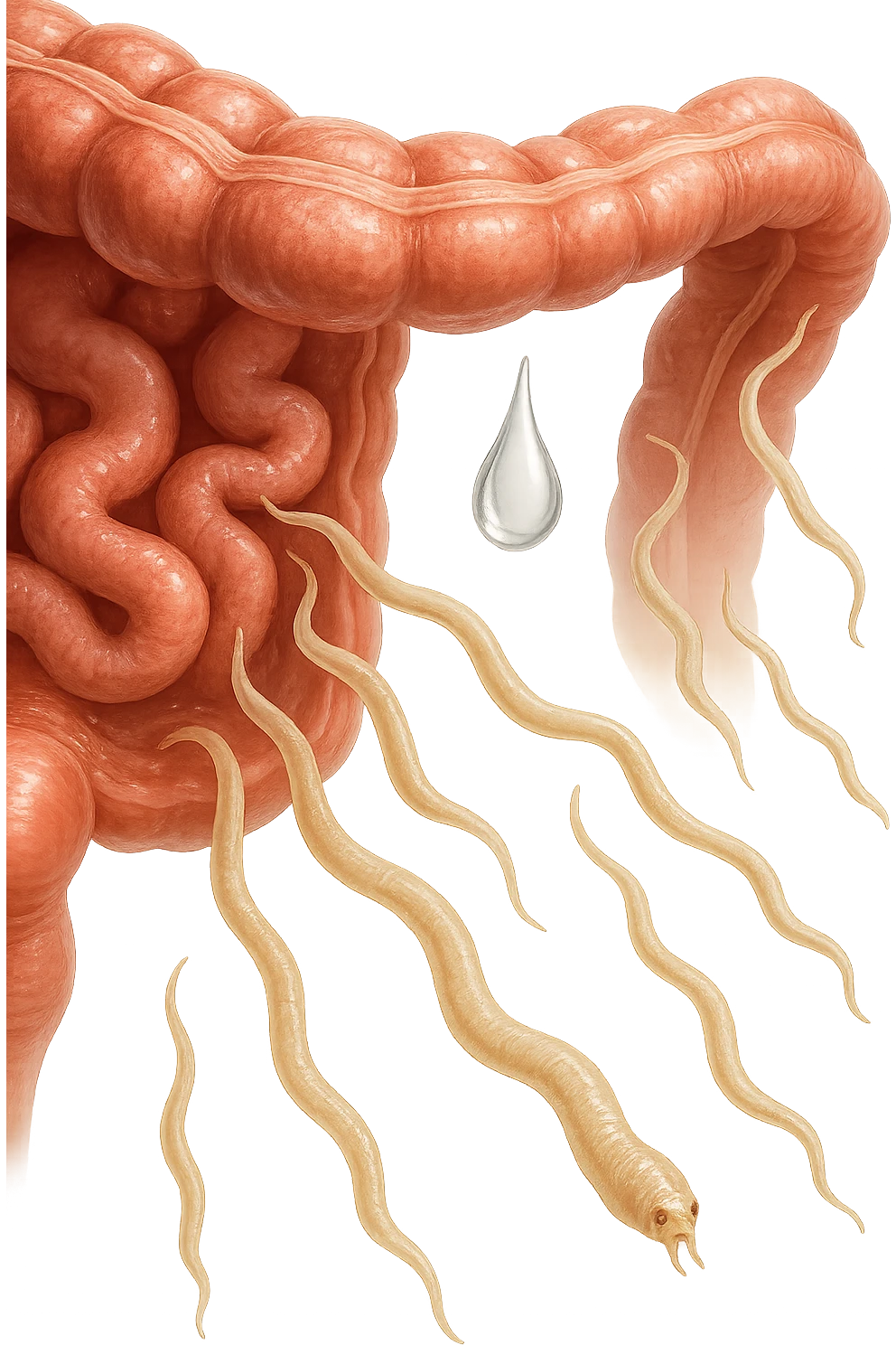 Realistic medical image of microscopic parasites leaving the intestines after taking natural kinesiological drops, symbolizing detox and cleansing. emoji
