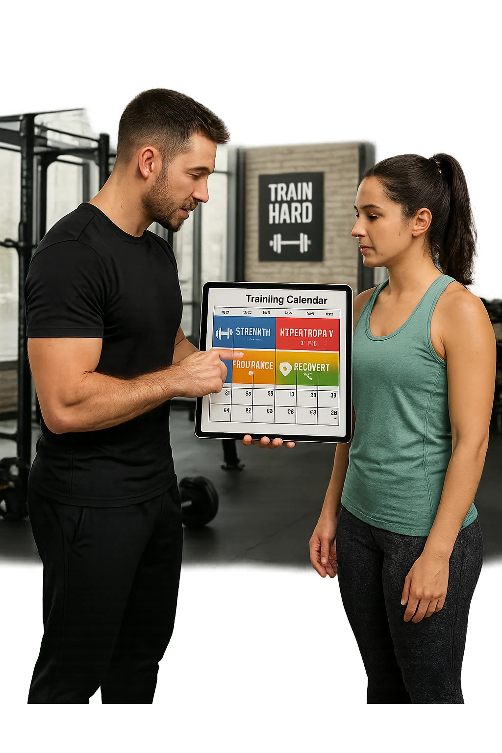 a personal trainer and a client stand in a modern gym, reviewing a large, color-coded training calendar or chart on a tablet. The calendar shows different phases (strength, hypertrophy, endurance, recovery) with icons and dates. Around them, gym equipment and motivational posters reinforce the idea of structured, periodized training. emoji