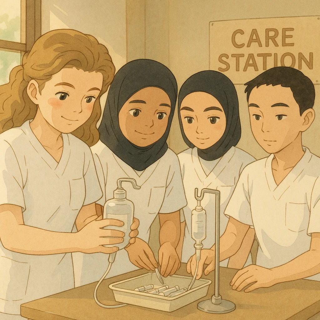 Same group of nursing students in Ghibli style preparing medical equipment in the care station. They wear short-sleeved white uniforms with V-neck, left chest pocket, no stand-up collar, no stethoscopes, and nothing protrudes from the sleeves. emoji