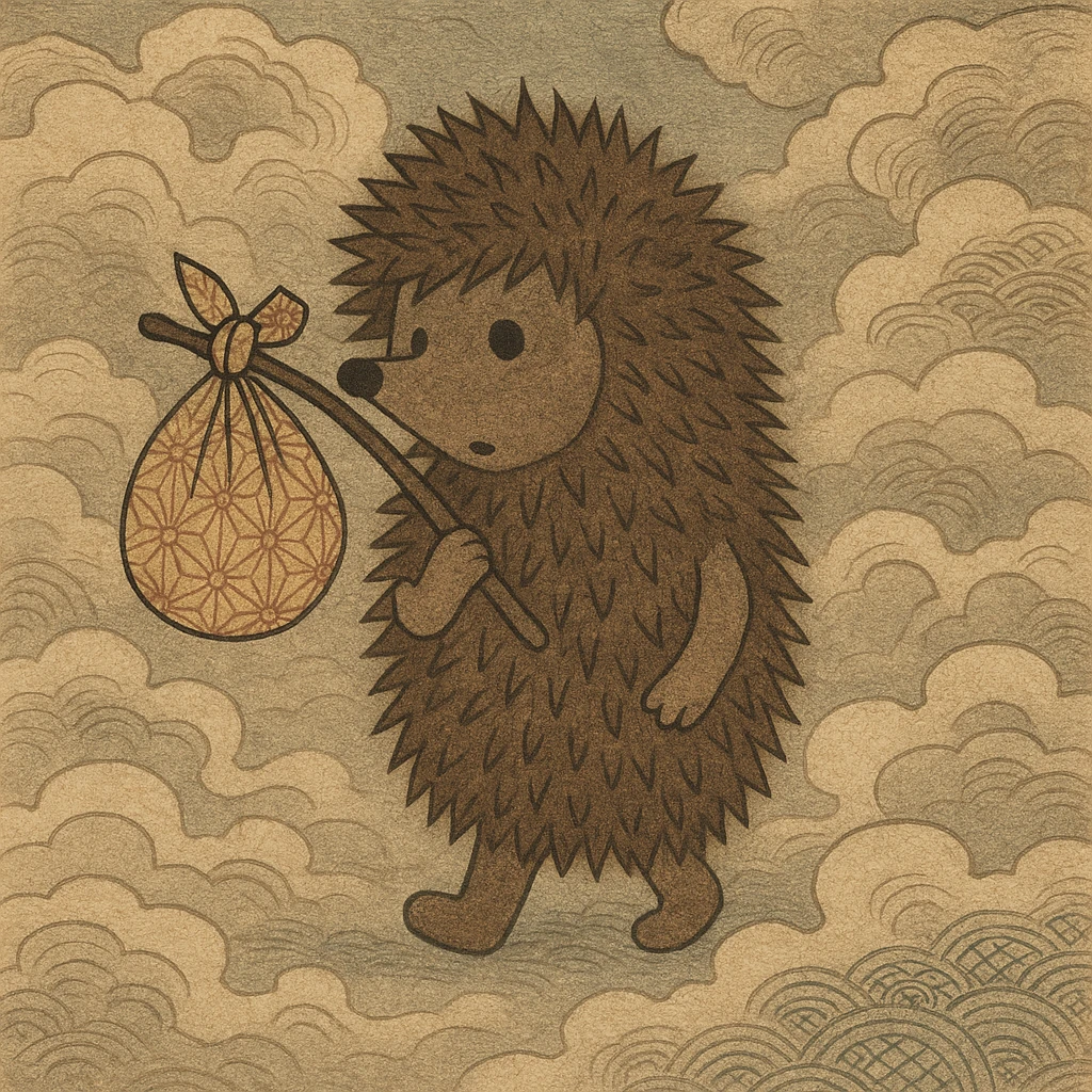 hedgehog in the fog from Soviet cartoon, hedgehog with a bundle, surrounded by fog, stylized as Soviet animation emoji