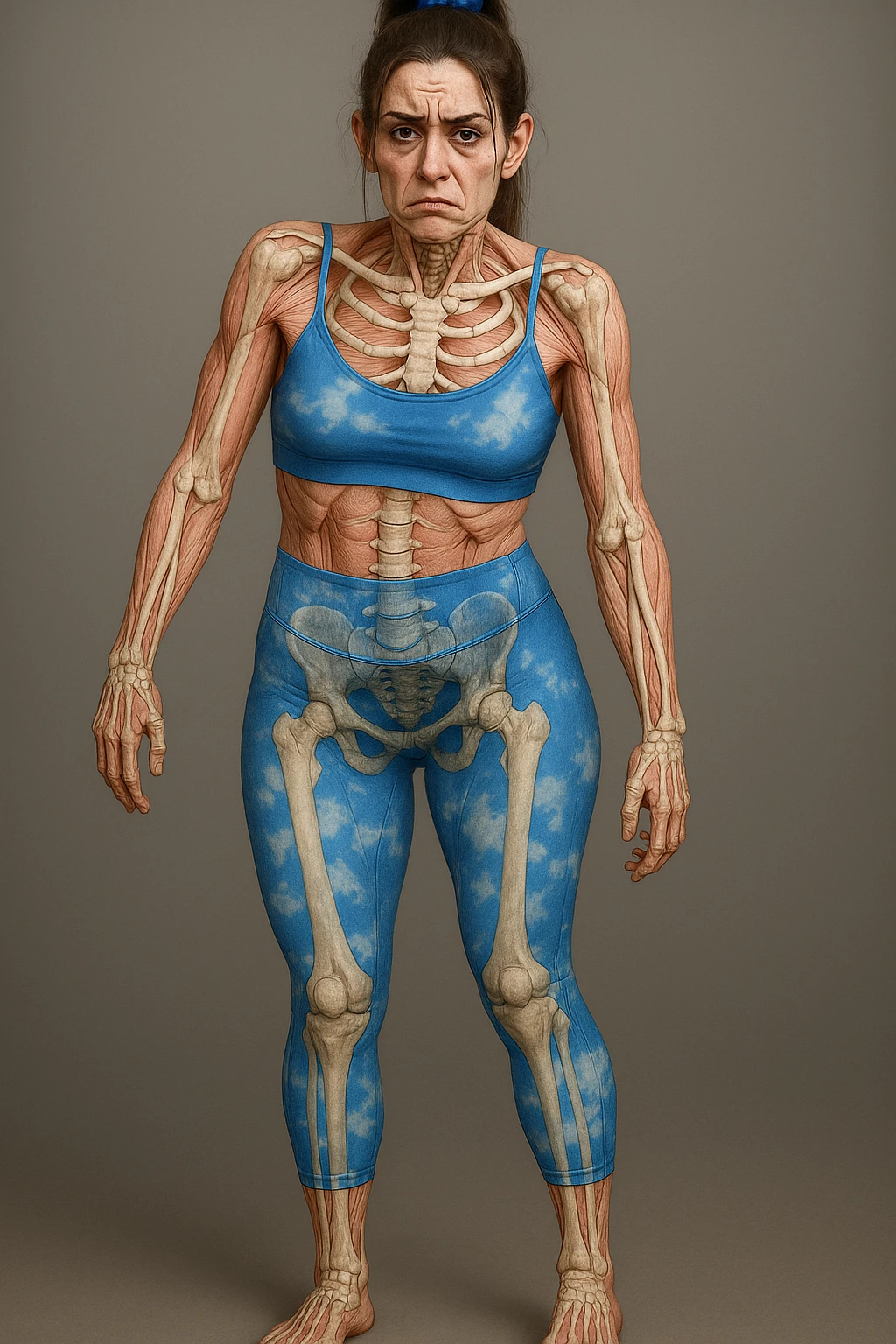 Donna in abbigliamento sportivo, postura asimmetrica, stile medico realistico, muscoli e ossa visibili, segni specifici di stress cronico: mascella serrata, spalle sollevate, rughe sulla fronte, occhiaie marcate, mani contratte, sfondo neutro, formato verticale. emoji