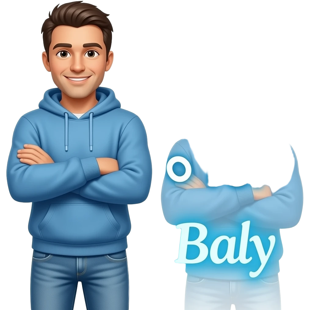 A 3D emoji-style illustration of a friendly man in casual clothes (blue hoodie and jeans), standing with arms crossed and looking directly at the viewer with a warm smile. Text in side: 'ANSWER TO THEM ON TOP' white text, while the name 'Baly' is rendered in a vibrant, glowing sky blue color. emoji