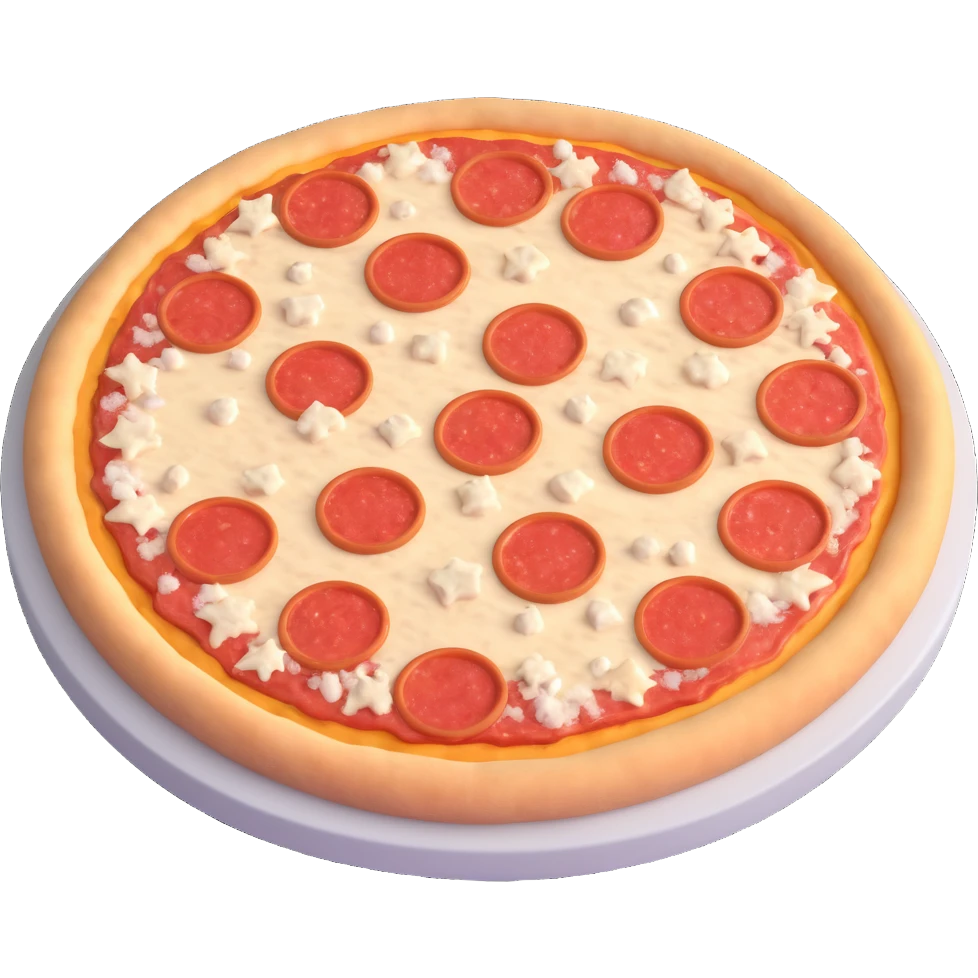 uncooked frozen pizza, round shape, pale dough base, evenly placed toppings like cheese, tomato sauce, pepperoni or vegetables, firm surface, slightly frosted with subtle ice crystals, matte finish, clean 3D rendering, soft lighting, subtle shadowing, emoji scale emoji