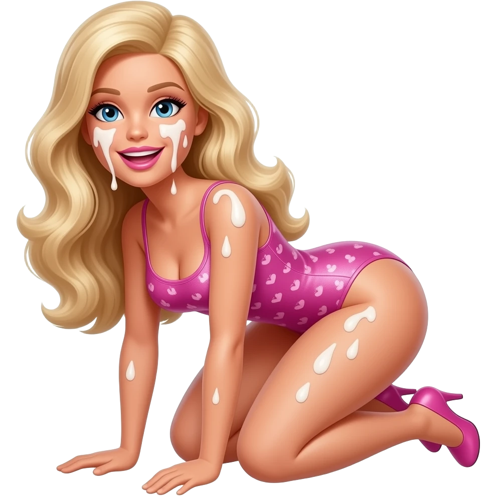 Barbie on her knees open mouth sexy with lots of white cum on her face emoji