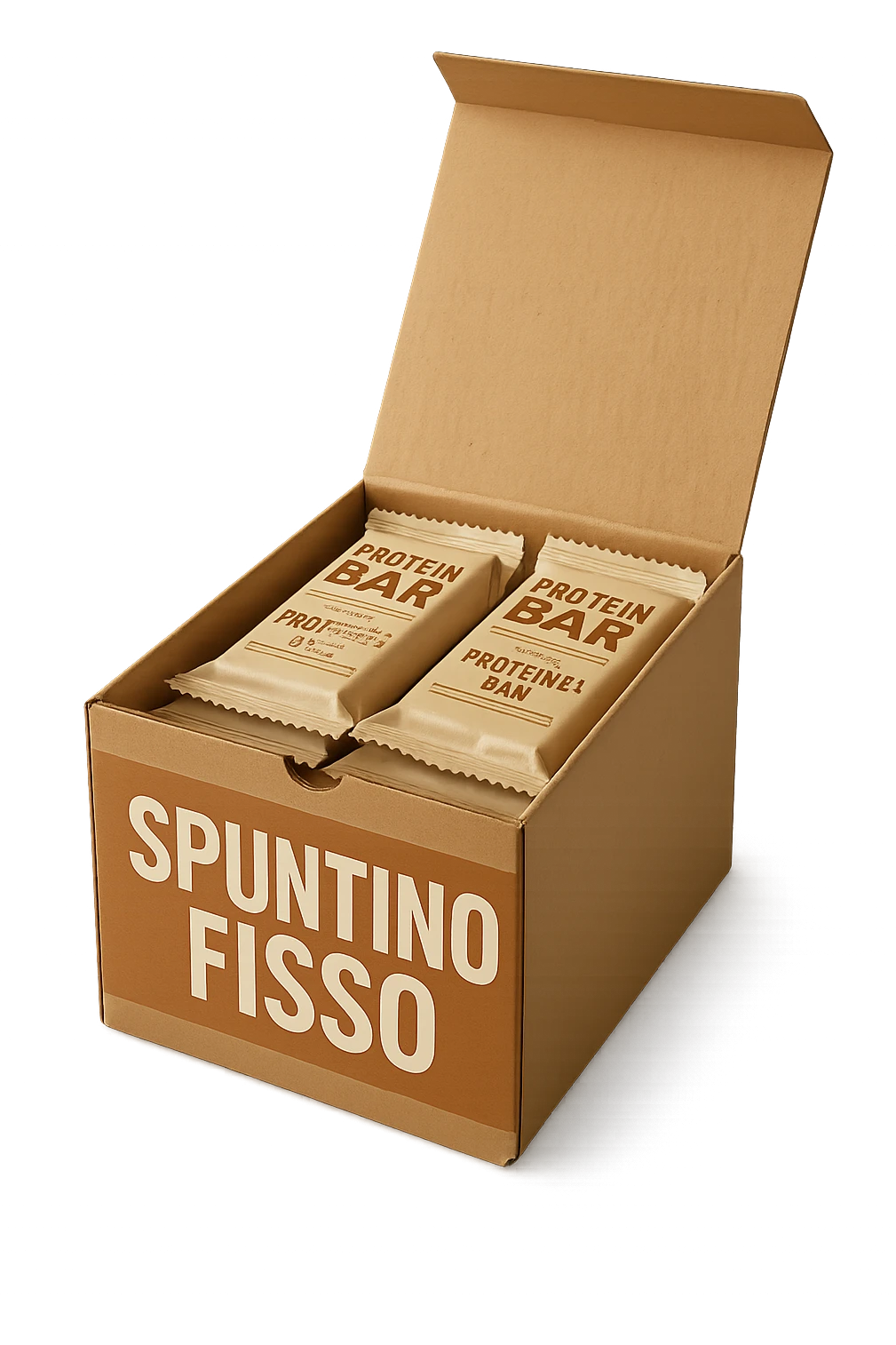 scatola aperta piena di barrette proteiche, con la scritta "SPUNTINO FISSO" SULLA CONFEZIONE in italiano,  realistici emoji