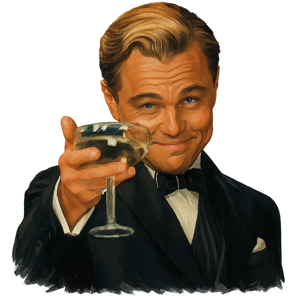 Сделай знаменитый мем с Ди Каприо из Великого Гэтсби, слегка рисованный, но при этом реалистичный объемный стиль, прозрачный фон emoji