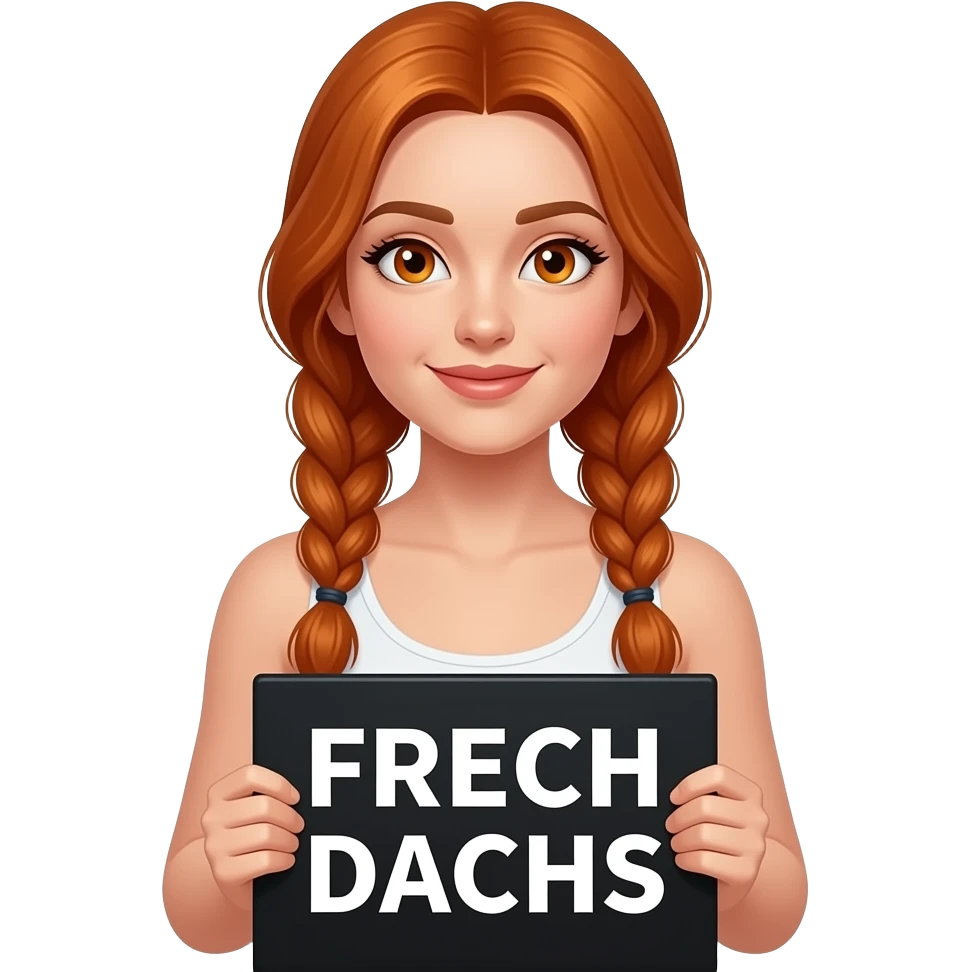 sexy girl with long ginger braids and ginger eyes wearing a white tanktop is holding a black sign with FRECH DACHS written on it emoji