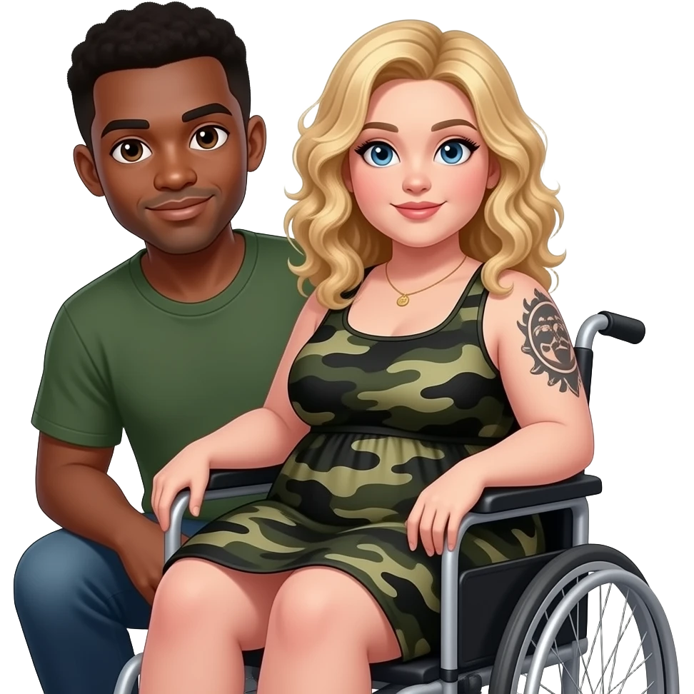 Plus size girl in a wheelchair , Blonde curly hair, blue eyes, black tattoos on right lower arm, wearing no sleeve black camo summer dress & African American man with black hair, brown eyes, NO facial hair emoji