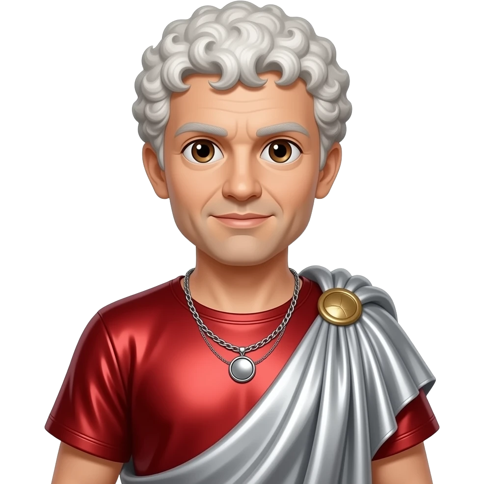 Julius Caesar with brown eyes, white curly hair, red metallic shirt, silver metallic baggy pants, silver necklace emoji