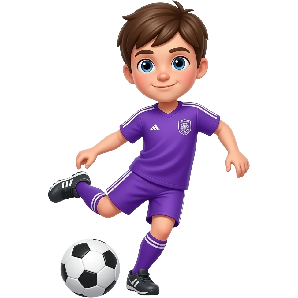 Niño 11 años delgado, cabello castaño, uniforme morado y su pierna dominanre la.izquerda pateando un balon de futbol emoji
