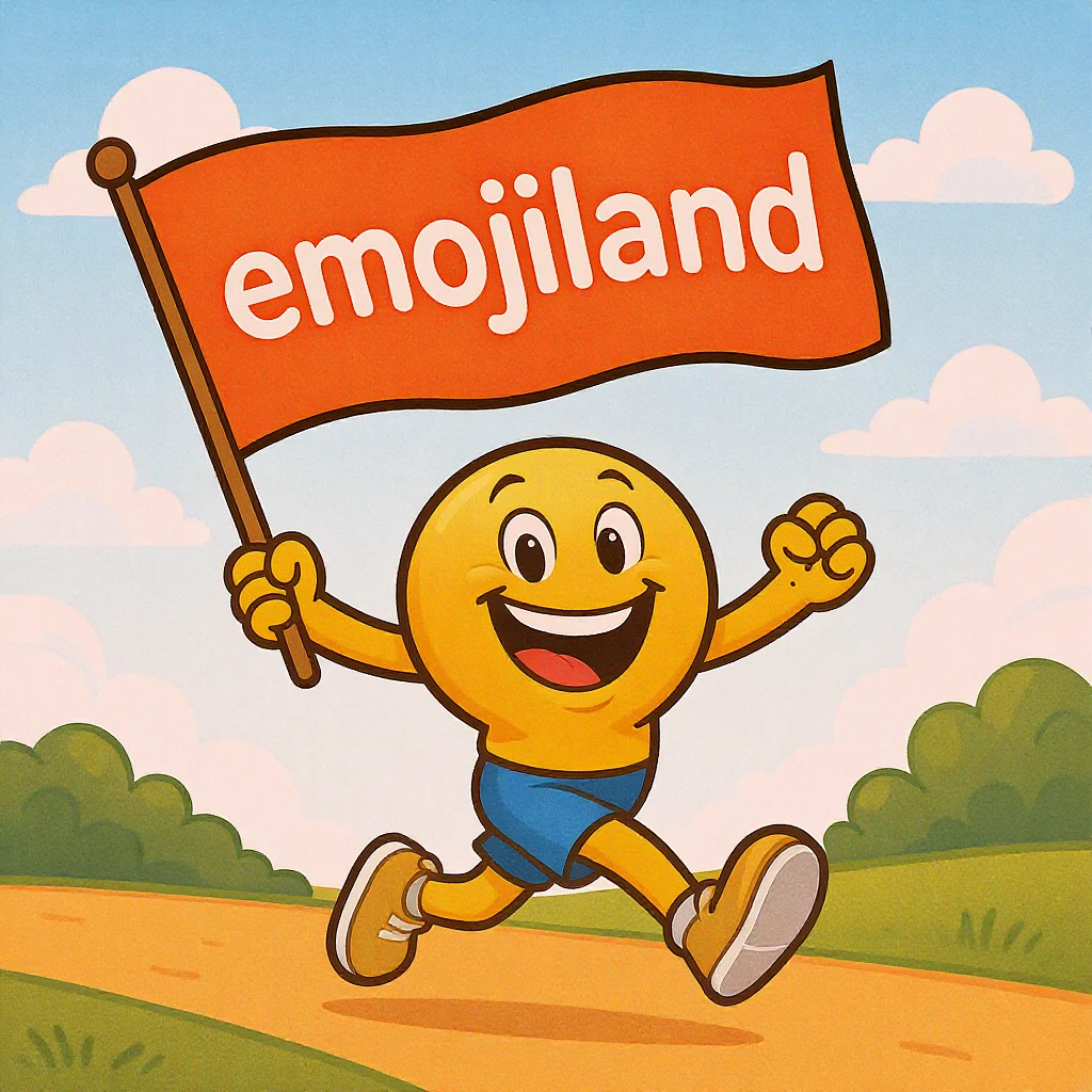 happy runner waving a flag that says 'emojiland' emoji