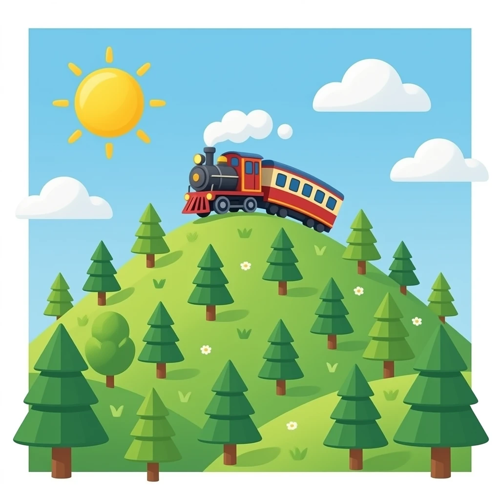 Emoji style train on a mountain of grass lots of trees and a sun emoji