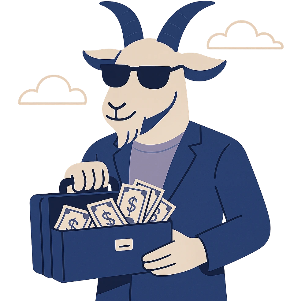 goat with sunglasses holding a briefcase full of cash, flat modern style, Middle Eastern wealth theme emoji