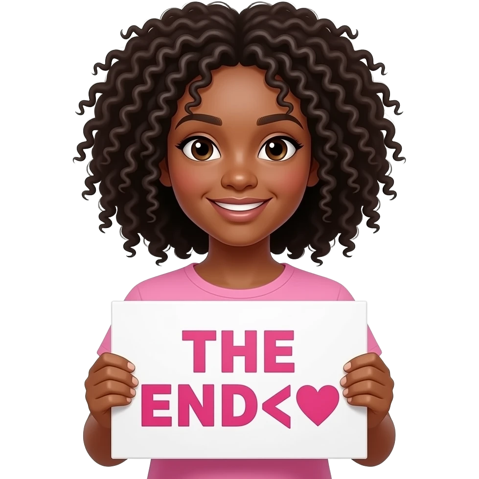 Black girl with curly hair and a pink shirt holding a white sign with big pink letters saying< THE END<3 emoji