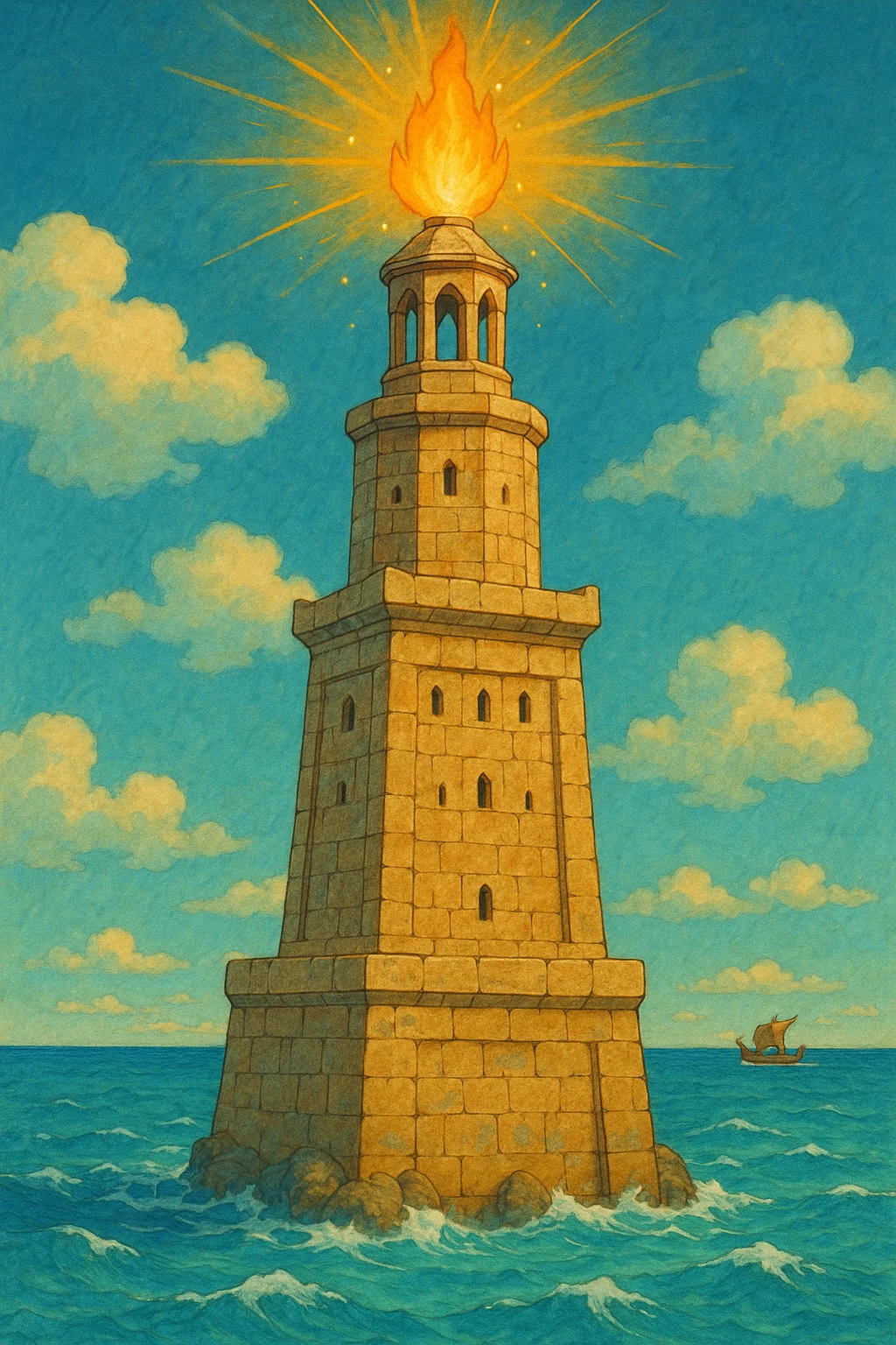 A three-tiered ancient tower named Pharos with a squared base, octagonal middle, and cylindrical top. The tower has a stone texture with slight cracks and wear. Each level features small windows or arches. At the top, there is a glowing fire or torch with gold/yellow and orange rays, and tiny sparkles (✨) for a shining effect. The base of the tower is surrounded by blue waves lapping at it, and a tiny Greek/Roman ship (⛵) can be seen in the distance. The color palette consists of sandstone (beige/tan) for the tower, turquoise/blue for the sea, and warm gold for the fire. The style should be vibrant and detailed, capturing the essence of an ancient beacon by the sea with additional elements. emoji