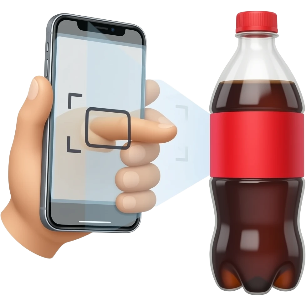 hand gripping a smartphone, phone camera pointed at a soda bottle , scanning action, no text emoji