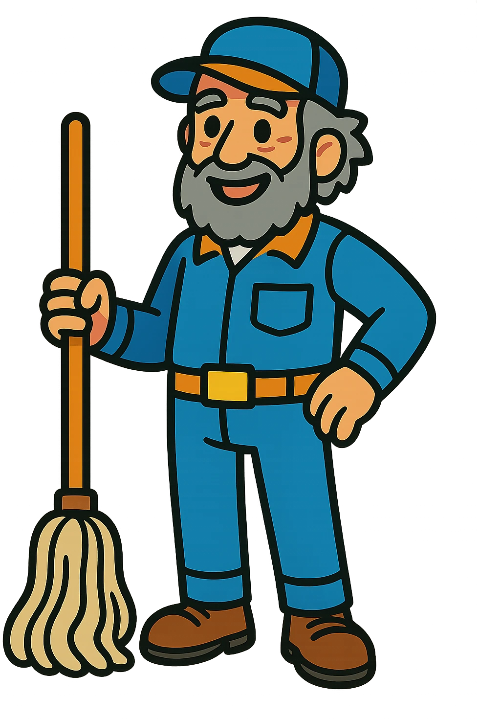 elderly janitor with gray beard and hair, wearing uniform, with mop beside him, colorful cartoon style emoji