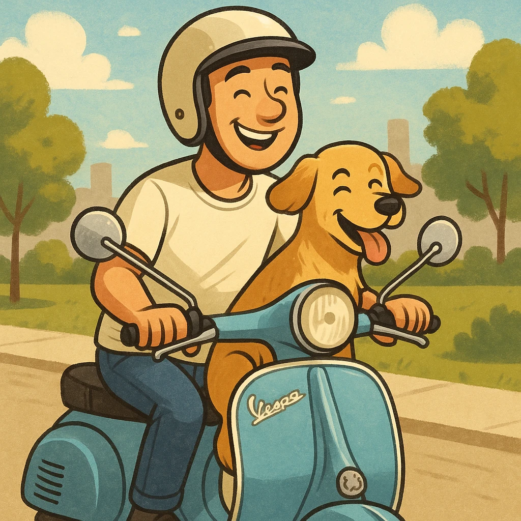 man and his pet dog riding a vespa emoji