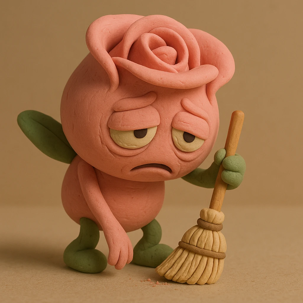Make it a soft pink rose flower character with droopy eyes, exhausted face, and slumped posture while sweeping with a tiny broom, using the same characteristics, color, and claymation style as this image. emoji
