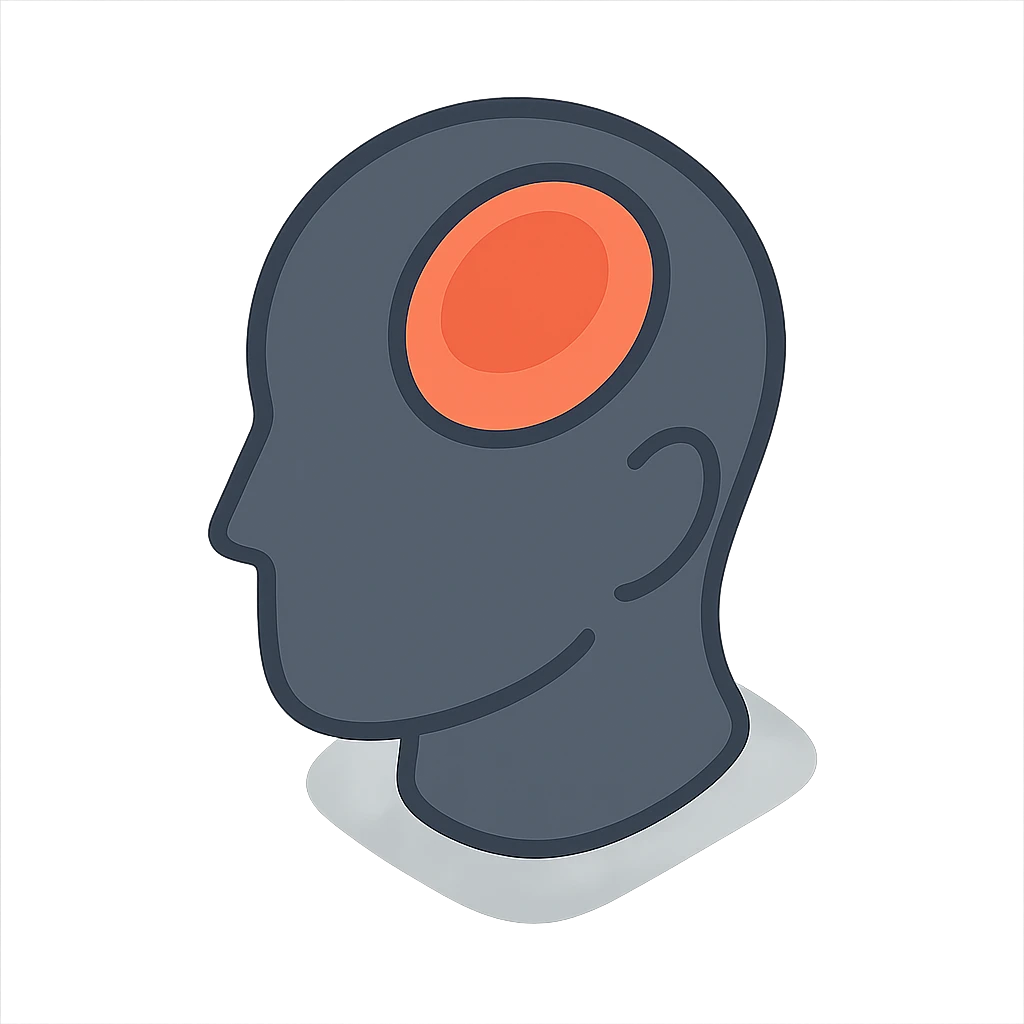 silhouette of a head with a red spot on the forehead area symbolizing headache, clear shadows and highlights, 2D isometric style emoji