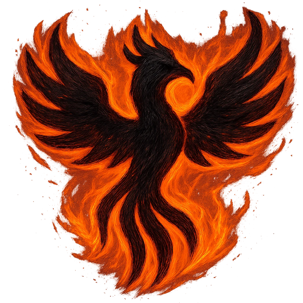 Transform this hand-drawn outline phoenix into a dark phoenix: make the bird's body black, with shining, vivid flames in orange, red, and yellow. Keep the background transparent. emoji