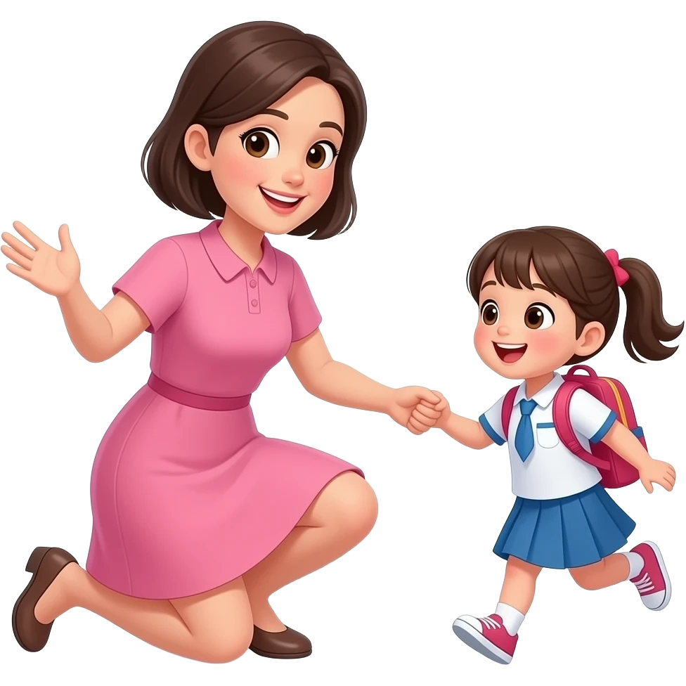 chica de cabello oscuro y corto, con ojos color cafe, con vestido color rosa, recogiendo a su hija del colegio, su hija viene corriendo hacia la mama feliz y la mama esta agachada con los brazos abiertos mirandola emoji
