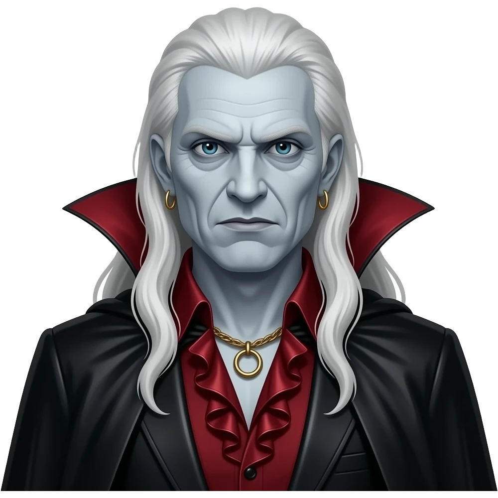 Count Dracula from Horror Film Heroes and Villains with pale grey skin, long white hair, dark red metallic open ruffle shirt, black metallic cape emoji