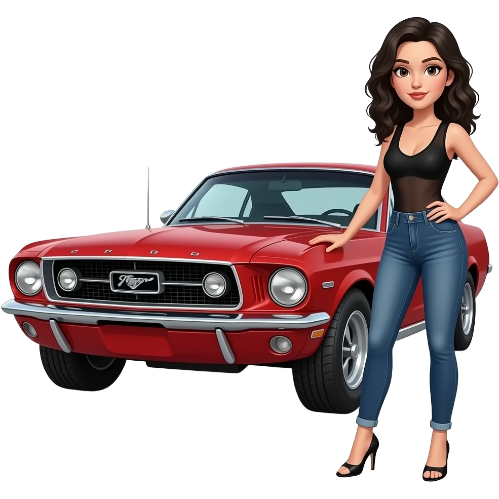 Pale girl with black wavy hair standing on the front left of a red Ford Mustang 1968 coupe. Girl wearing a sheer black sleeveless top with a medium neckline, jeans and heels with visible toes. Right hand on the hood and left hand on her waist and 3/4 profile position. emoji