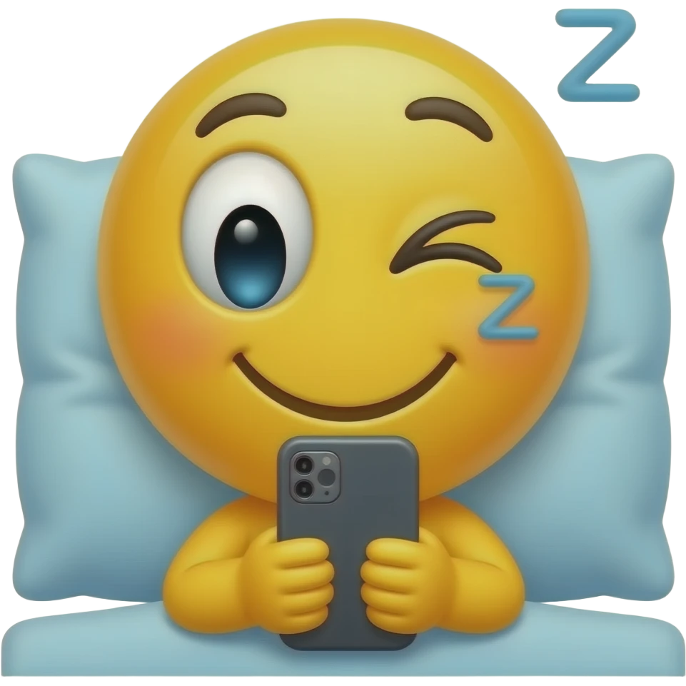 Yellow tired smiley reading phone messages in bed with one eye open sleepy emoji