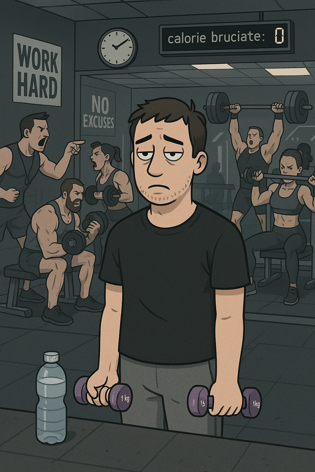 Modern gym scene with a man in sporty clothing lifting very light dumbbells (1 kg) with a bored expression. Muscular athletes training intensely in the background, a trainer encouraging them. Wall clock, full water bottle near the man, motivational posters ignored. Mirrors reflecting the contrast between him and others. Digital display showing 'calorie bruciate: 0'. Static atmosphere, artificial lighting, vertical format. emoji