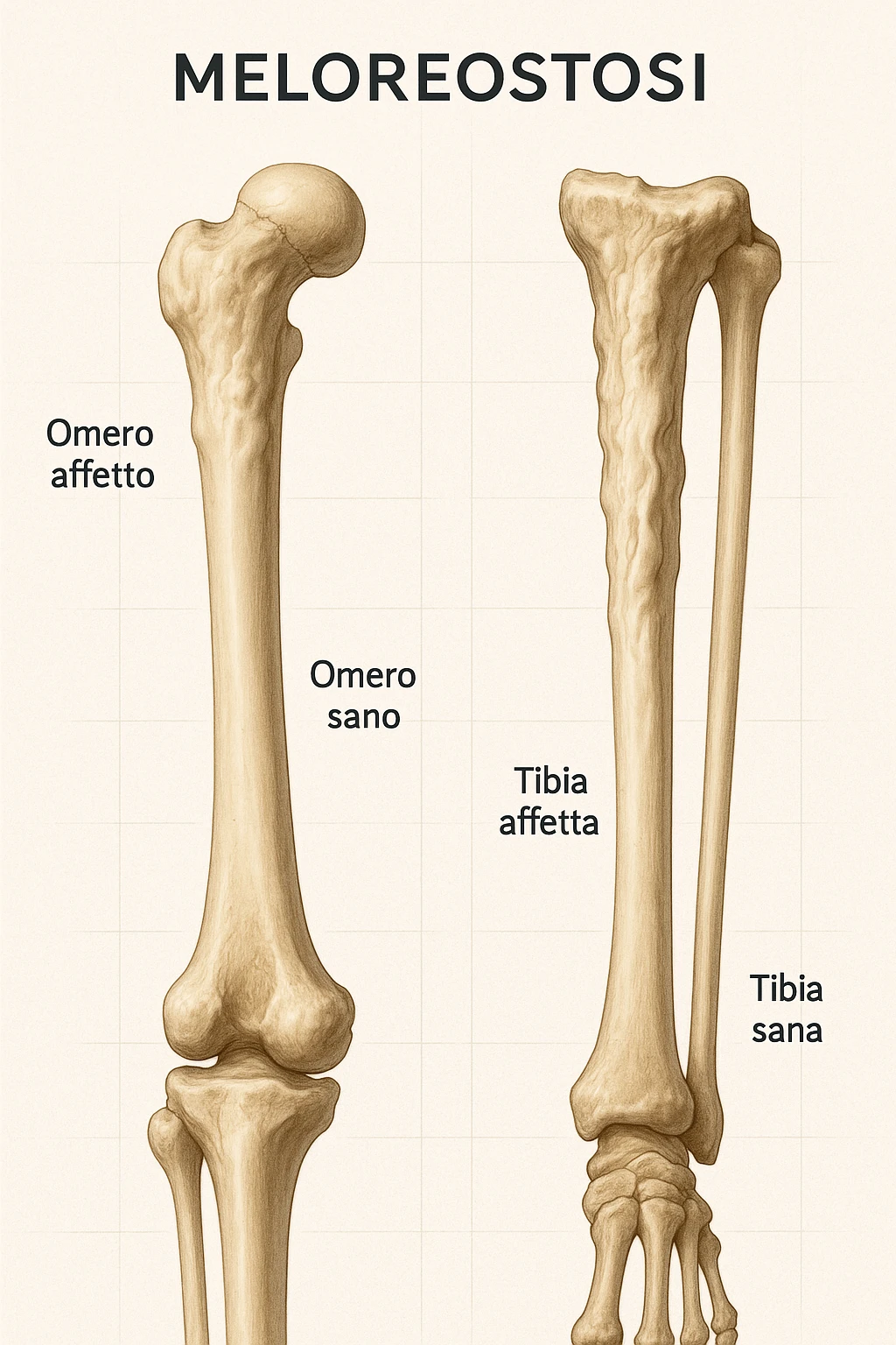 A highly realistic medical illustration focusing on a human arm and leg bones affected by melorheostosis. The bones appear visibly thickened, irregular, and larger than normal, with clear, layered bone growth resembling melted wax dripping down the side of the bones. The image shows a side-by-side comparison with a healthy bone for clarity, highlighting the difference in size and texture. The color palette includes neutral bone colors with subtle shading to show the abnormal contours and ridges. The background is clean and minimalistic, with faint anatomical grid lines for a scientific, educational feel. The overall mood is informative and precise, conveying the key visual characteristic of melorheostosis: progressive bone thickening that makes bones visibly larger and irregular. in italiano emoji