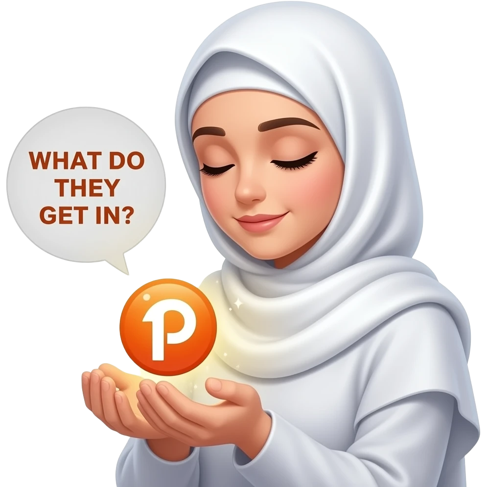An ethereal Muslim woman, prayer position, closed eyes, wearing a soft white satin hijab, gently cupping a luminous Patreon icon made of liquid light. Text bubble: 'WHAT DO THEY GET IN?'. Isolated on white, magical stardust, 3D icon style emoji