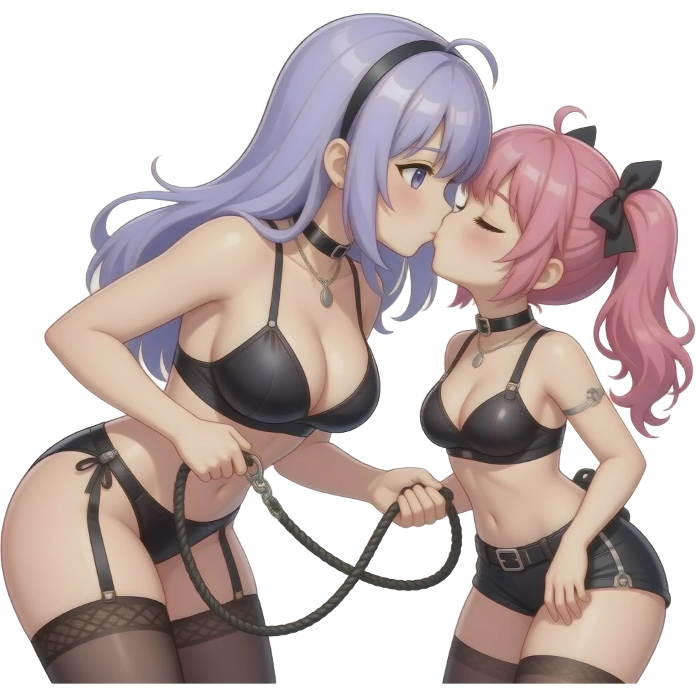 Two anime girls kissing wearing revealing outfits, one on too that has tits sooooooo big and light purple hair and is holding a leash thats tied to the other girl with her eyes closed, and one on the bottom which is wearing a collar and has pink hair and closed eyes emoji
