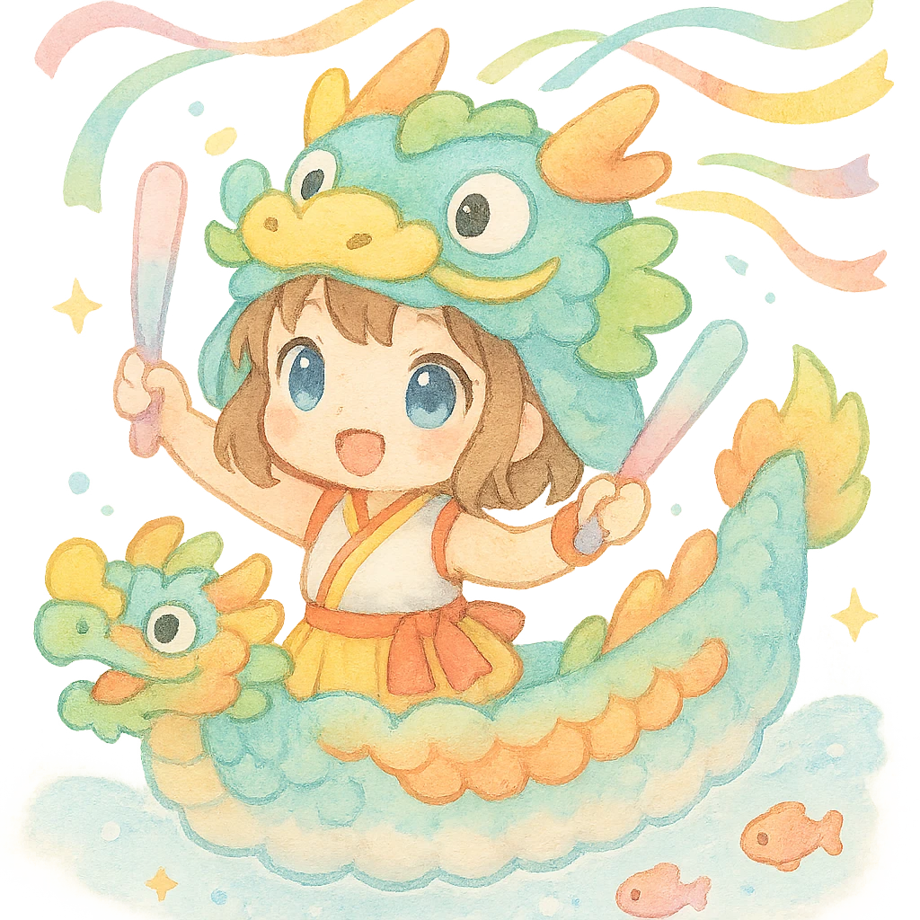 chibi girl dressed as a dragon boat drummer, holding soft pastel drumsticks, standing in a fluffy dragon boat, colorful festival ribbons flying, sparkles and cute mini fish swimming below, soft pastel colors, watercolor texture emoji