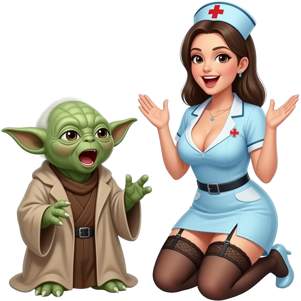 Yoda,  with a lady, nurse , large breasts, garter belt, kneeling , mouth open emoji