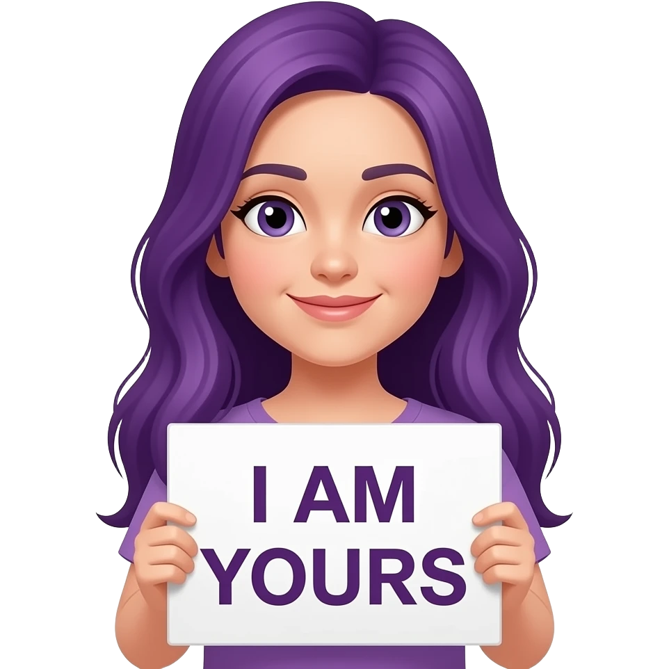 girl with long purple hair holding a I AM YOURS sign emoji