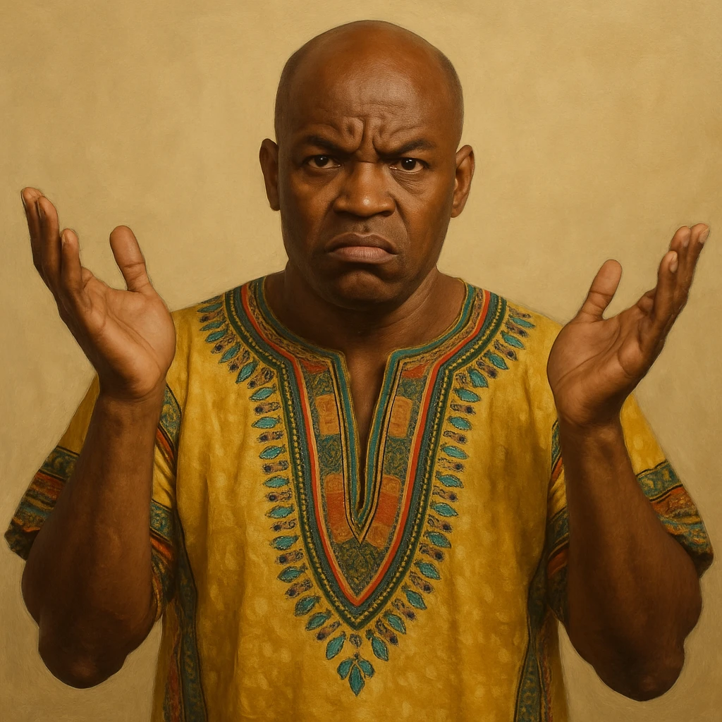 Сгенерируй мне афроамериканца в национальном африканском костюме, лысого,  . Строго в анфас. Его лицо чуточку недовольно, а руками он размахивает и разводит в сторону. На однородном фоне. В стиле реалистичной живописи. Он полностью помещается в экран и не обрезается краями изображения emoji
