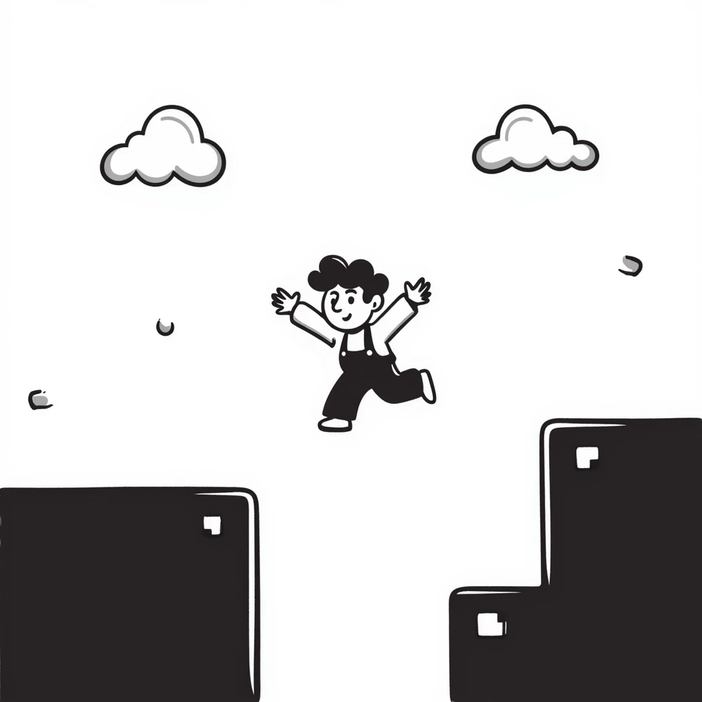pixel art of a retro side-scrolling video game scene with blocks, platforms, clouds, and a character jumping, 8-bit Game Boy style, Mario world emoji