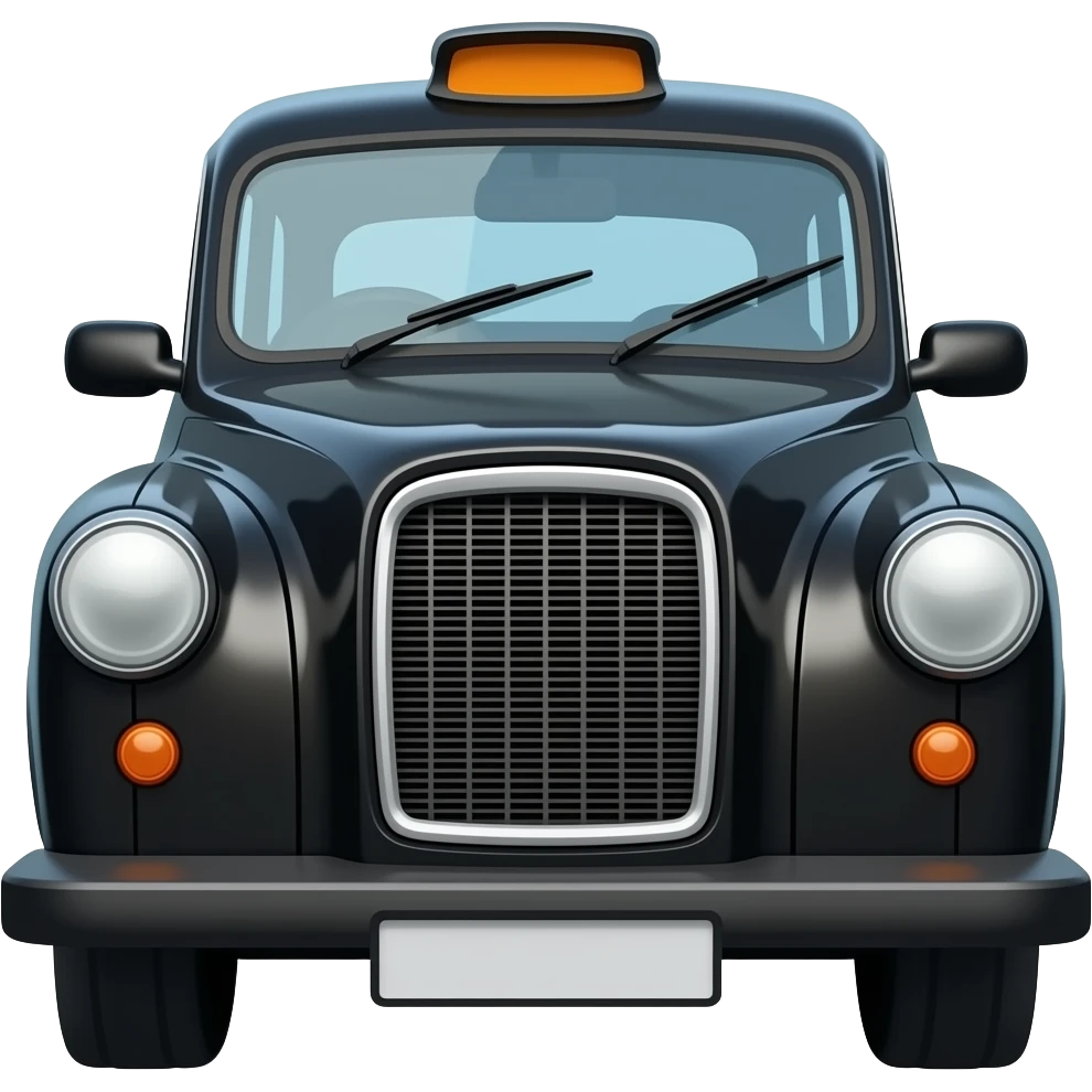 Classic London black cab, isolated, centered, no background, no street, no scenery, no text, glossy black body, rounded shape, iconic taxi look emoji