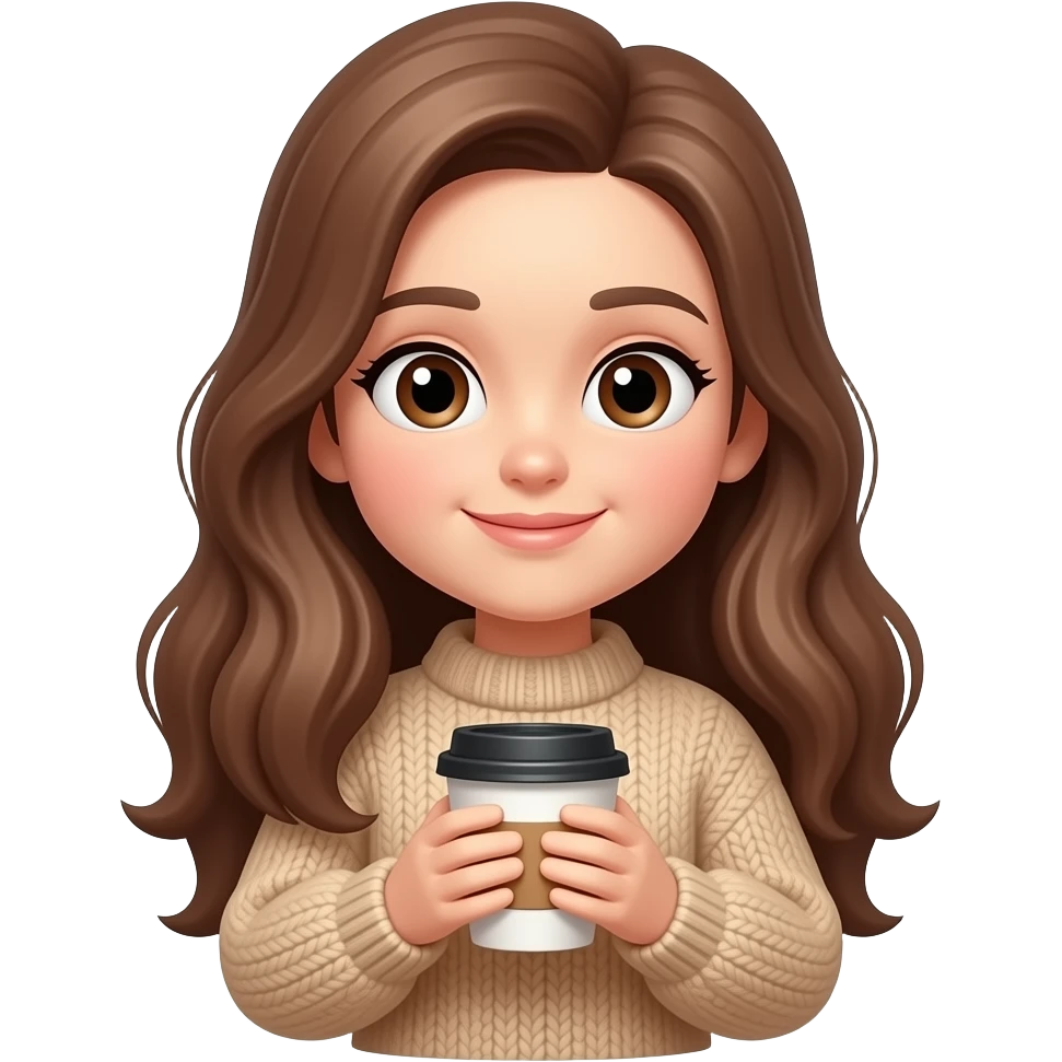 Cute girl emoji, brown aesthetic, coffee cream colors, long hair, cozy sweater, holding coffee cup, soft cute style emoji