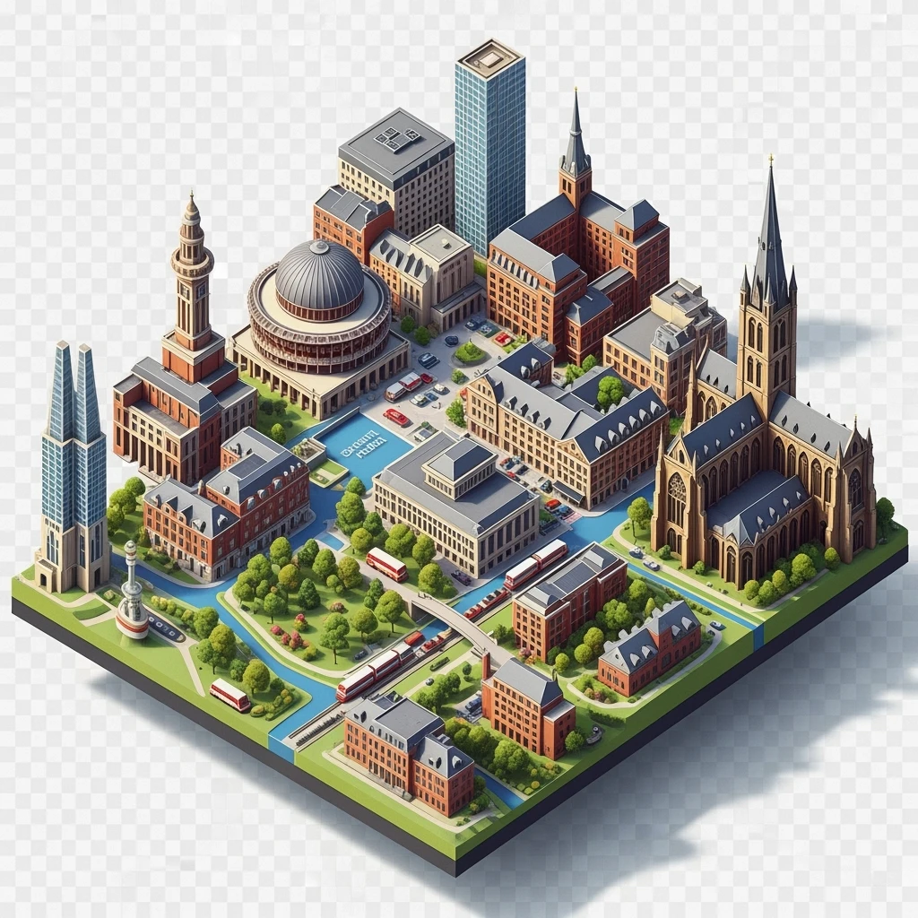 Isometric illustration-model of Birmingham, balanced between stylized and realistic, 3D miniature effect, transparent background. emoji