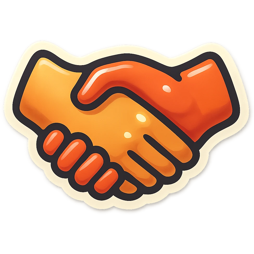 A handshake in retro stickers style, with two hands shaking and a vintage design emoji