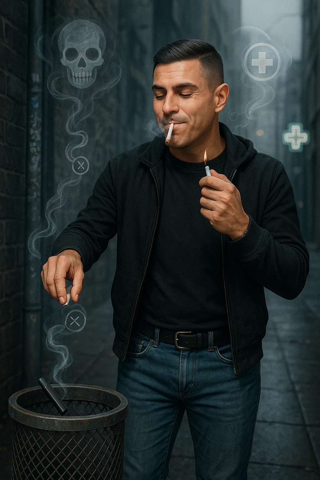 Adult man in casual clothes, inspired by the face in the reference photo, throwing an electronic cigarette into a trash bin while lighting a traditional cigarette with the other hand. Satisfied but unaware expression. In the background, light symbols of smoke and health damage manifesting from both cigarettes. Urban atmosphere, cold light, critical or reflective tone. Realistic style with symbolic accents. emoji