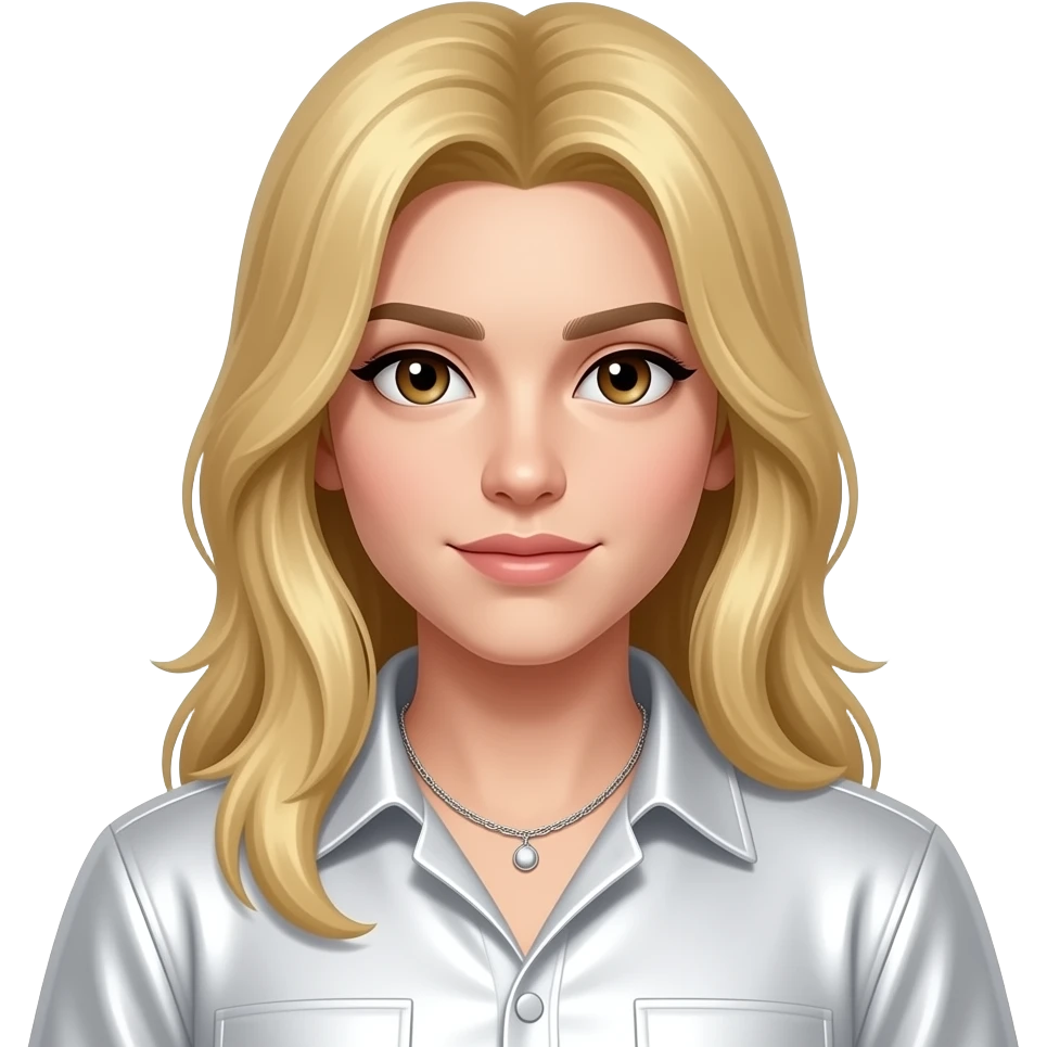 XQC with brown eyes, blonde hair, white metallic shirt, silver necklace emoji