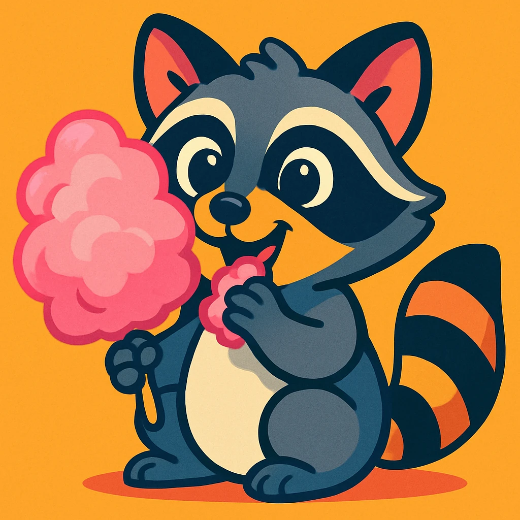 cute raccoon holding and eating pink cotton candy, cartoon style, vibrant colors, playful expression emoji