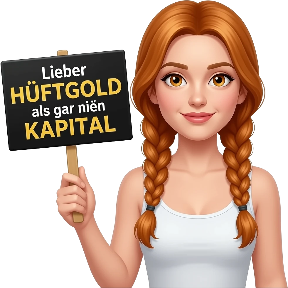 sexy girl with long ginger braids and ginger eyes wearing a white tanktop is holding a black sign with Lieber HÜFTGOLD als gar kein KAPITAL written on it emoji