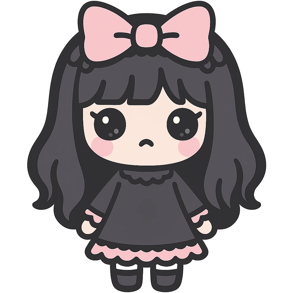 kawaii gothic girl with pink bow and black lace trim, gothic style, chibi proportions, moody atmosphere emoji