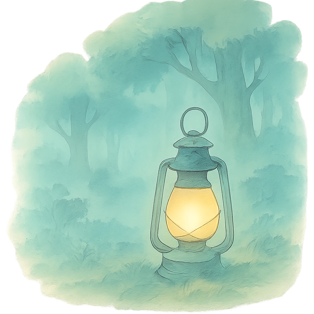 lantern glowing softly in the misty woods, calm and dreamy feel, soft pastel colors, ghibli style emoji