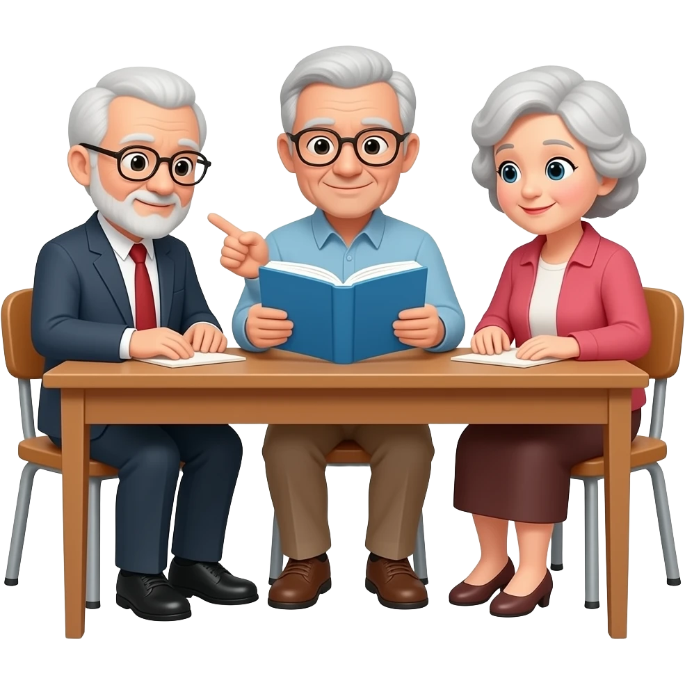 older adult teaching another older adult to read sitting at a desk with a book emoji