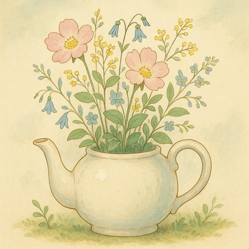 teapot with flowers growing out of it in ghibli style, charming, delicate, natural elements emoji